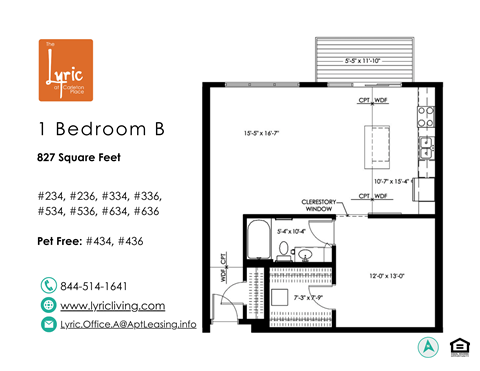 Floor plan for 1 bed, 1 bath, 827 sqft